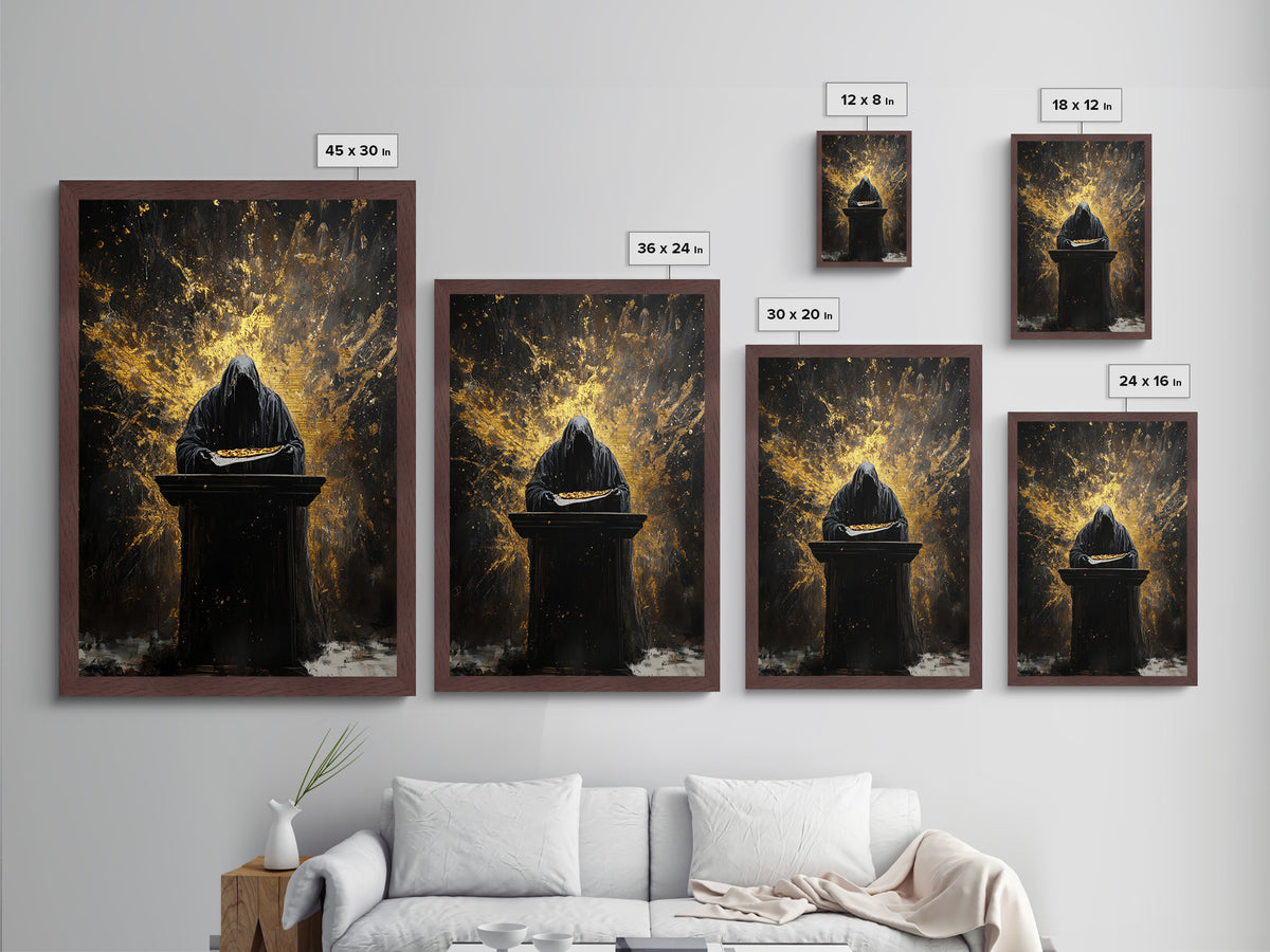 Dark Hooded Reaper Offering Pizza, Gothic Horror Metallic Gold Art, Haunted Season Metal Art in handcrafted wood frame