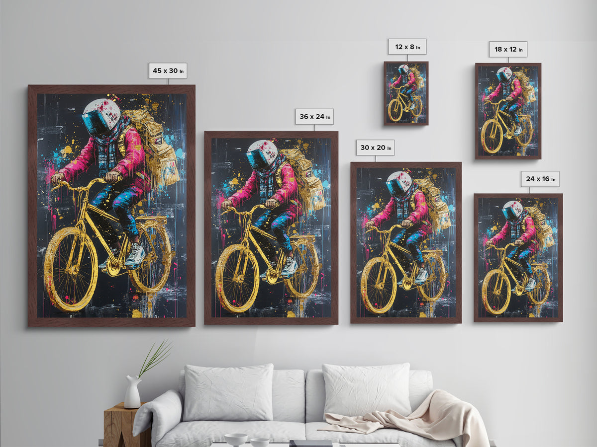 Astronaut Biker in Neon Drips – Halloween Metallic Gold Art, Surreal Spooky Season Metal Art, Real Wood Frame Gothic Decor