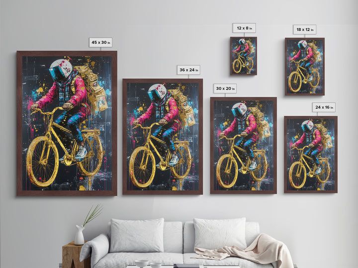 Astronaut Biker in Neon Drips – Halloween Metallic Gold Art, Surreal Spooky Season Metal Art, Real Wood Frame Gothic Decor