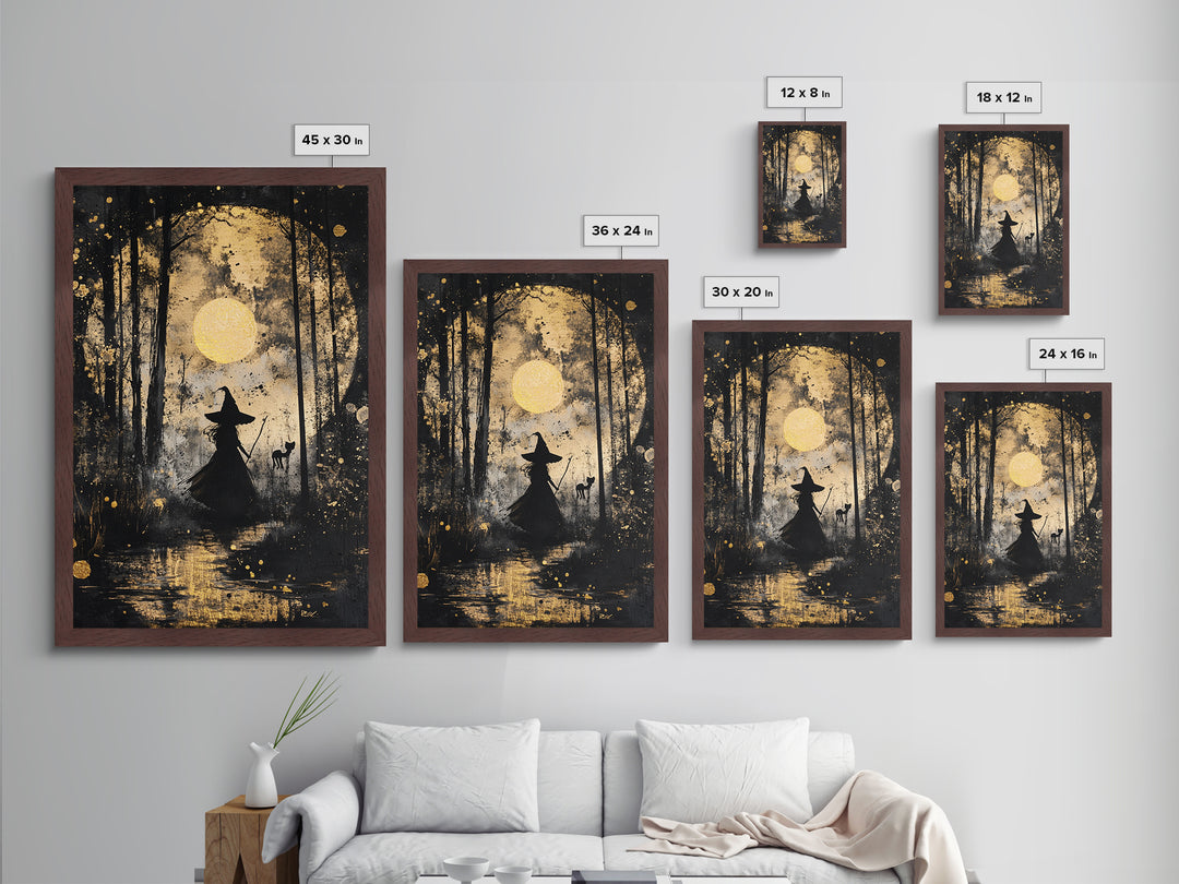 Witch in Forest with Cat and Moon – Metallic Gold Art, Halloween Spooky Metal Art, Gothic Wall Art Framed in Natural Wood