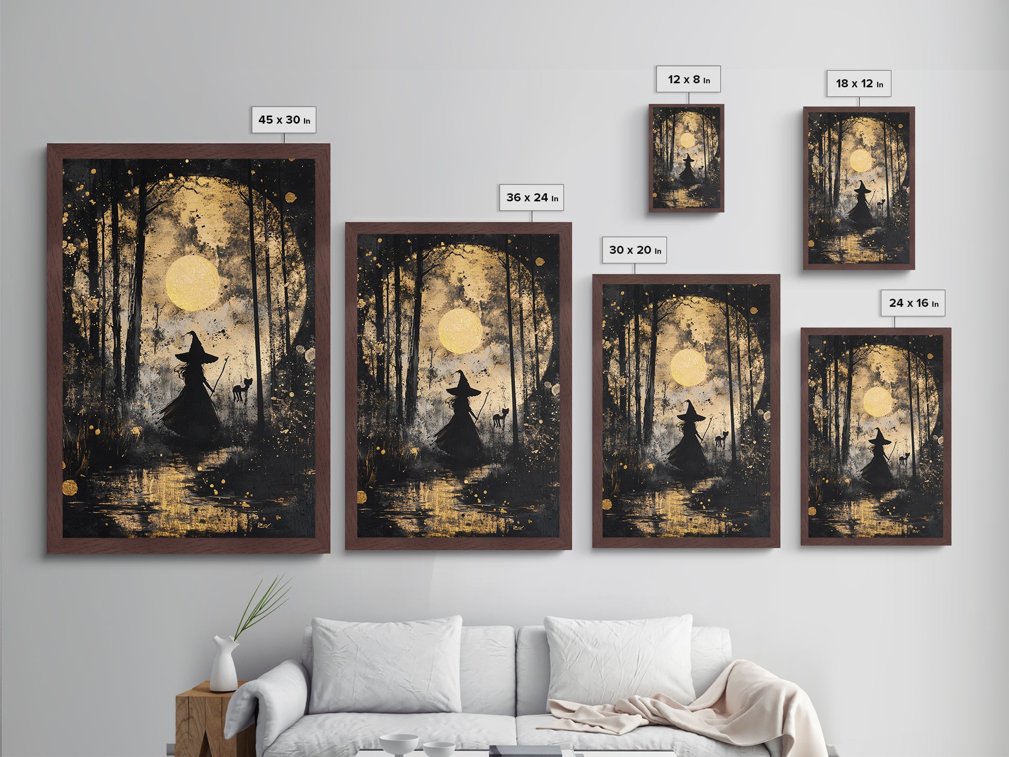 Witch in Forest with Cat and Moon – Metallic Gold Art, Halloween Spooky Metal Art, Gothic Wall Art Framed in Natural Wood
