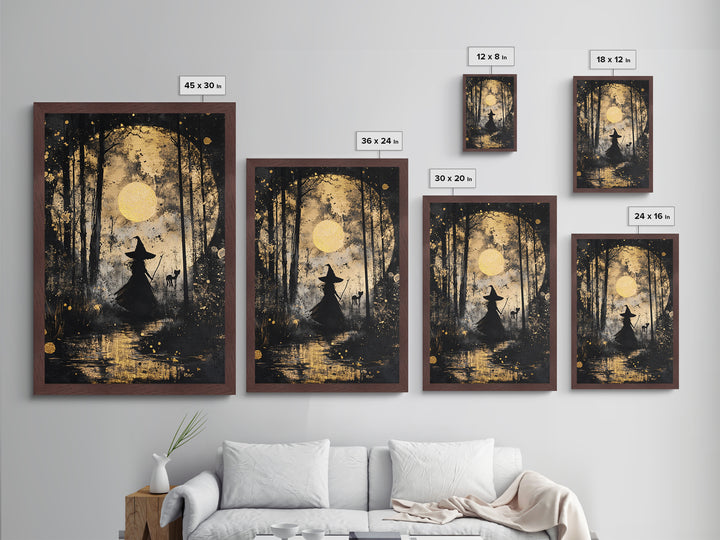 Witch in Forest with Cat and Moon – Metallic Gold Art, Halloween Spooky Metal Art, Gothic Wall Art Framed in Natural Wood