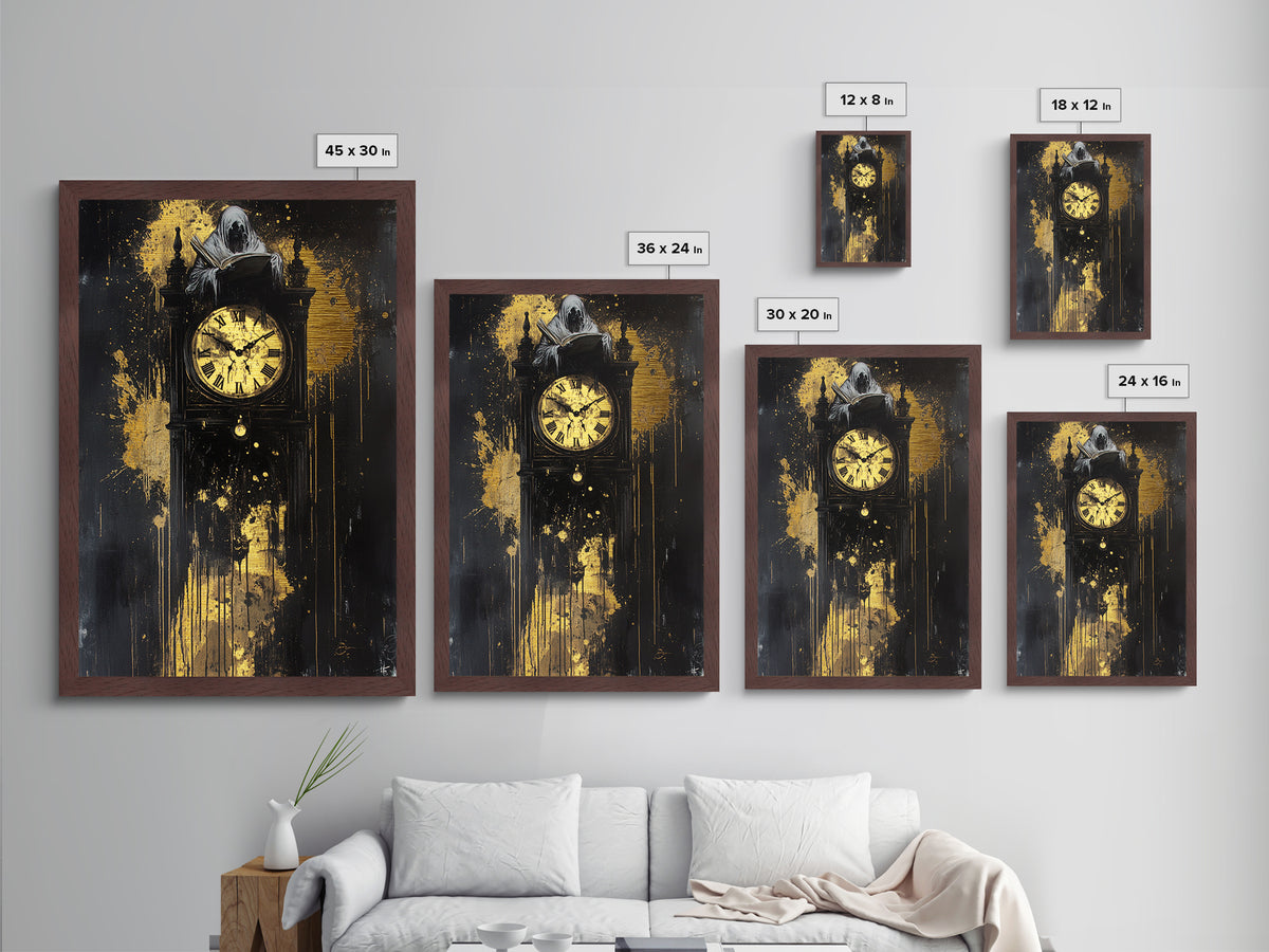 Ghostly Figure atop Gothic Clock – Metallic Gold Art, Haunted Metal Art, Spooky Season Halloween Wall Decor in Real Wood Frame