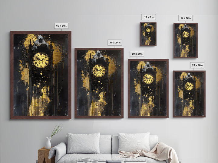 Ghostly Figure atop Gothic Clock – Metallic Gold Art, Haunted Metal Art, Spooky Season Halloween Wall Decor in Real Wood Frame