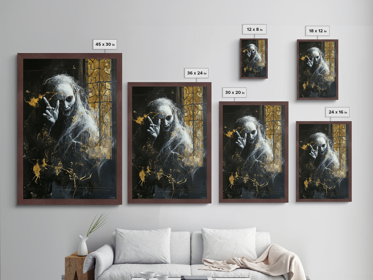 Creepy Ghost by Gothic Window – Metallic Gold Art, Haunted Gothic Metal Art, Halloween Wall Art with Natural Real Wood Frame