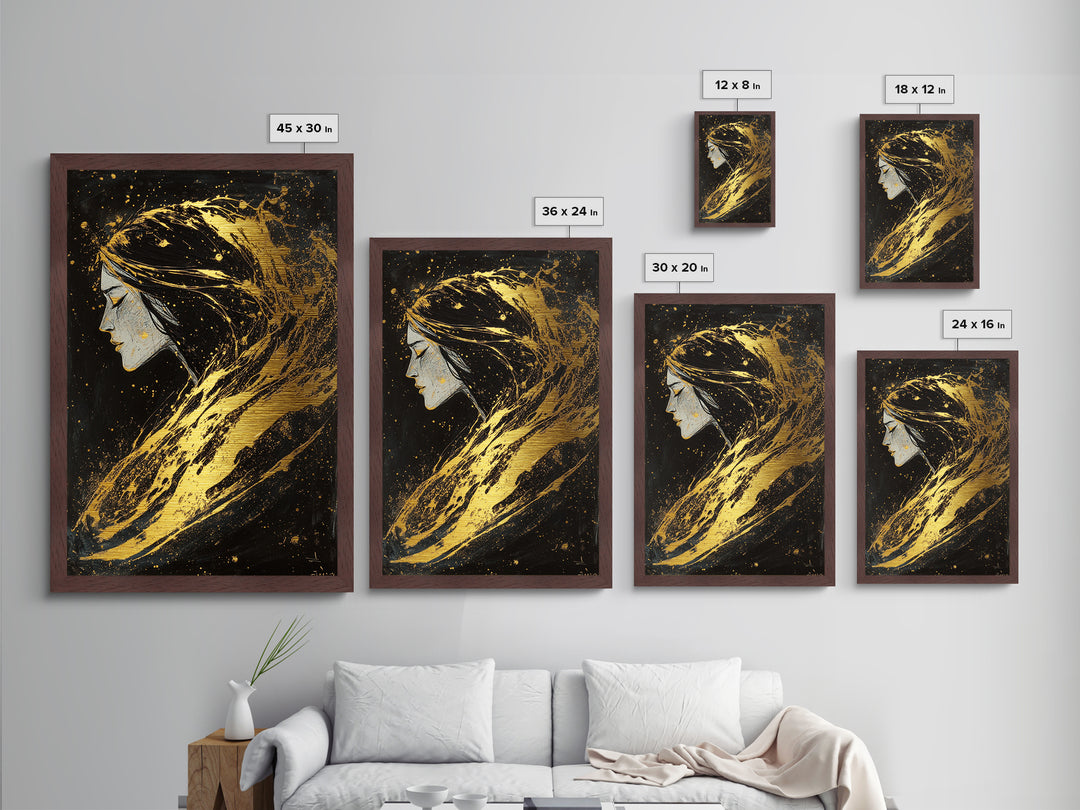 Haunting Woman Profile Metallic Gold Art, Gothic Metal Art Wall Decor in Natural Wood Frame, Spooky Season Halloween Gift