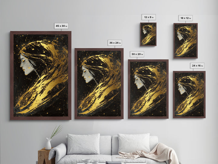 Haunting Woman Profile Metallic Gold Art, Gothic Metal Art Wall Decor in Natural Wood Frame, Spooky Season Halloween Gift