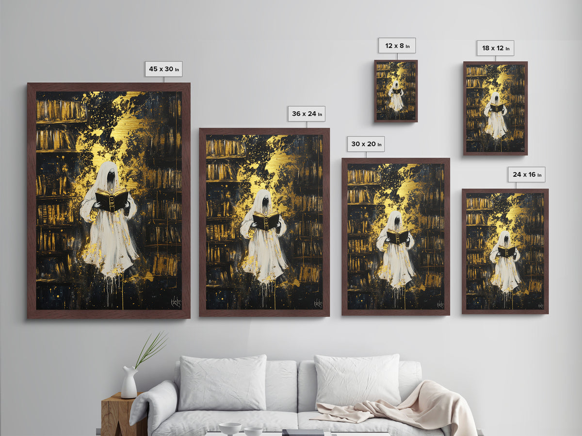 Ghostly Librarian Metallic Gold Art, Spooky Haunted Library Metal Art with Real Wood Frame, Halloween Gothic Wall Hanging