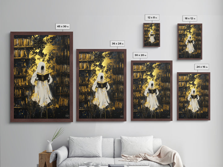Ghostly Librarian Metallic Gold Art, Spooky Haunted Library Metal Art with Real Wood Frame, Halloween Gothic Wall Hanging