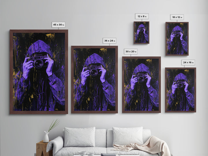Purple Hooded Photographer Metallic Gold Art, Creepy Urban Metal Art Framed in Real Wood, Halloween Spooky Season Artwork