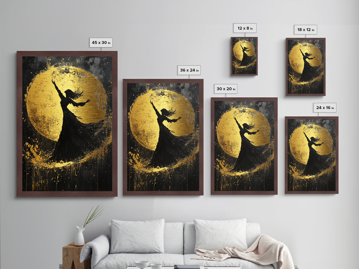 Witch Dancing Under Moon Metallic Gold Art, Spooky Halloween Metal Art in Real Wood Frame, Gothic Wall Decor for Fall