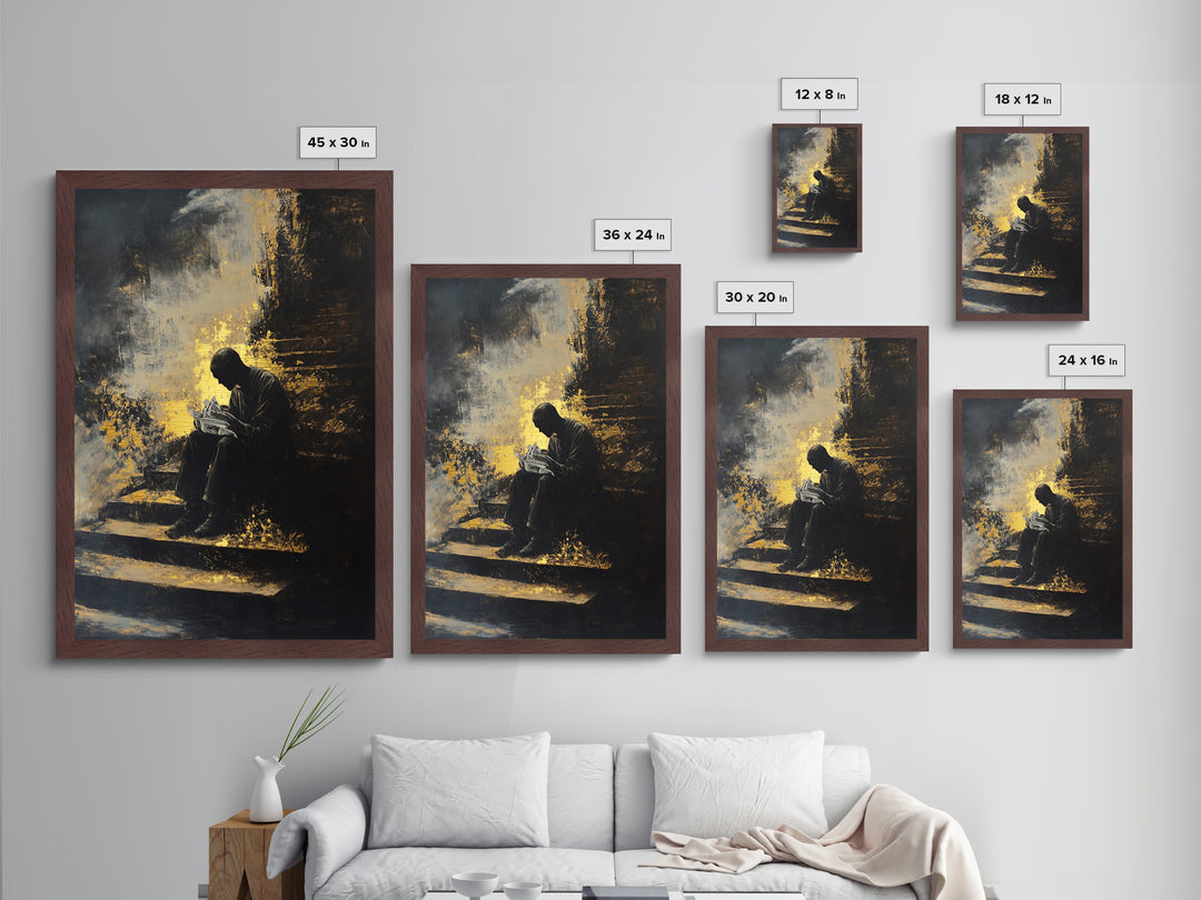 Shadow Reader on Steps, Haunted Gothic Metallic Gold Art, Creepy Halloween Metal Art with spooky vibe in real wood frame