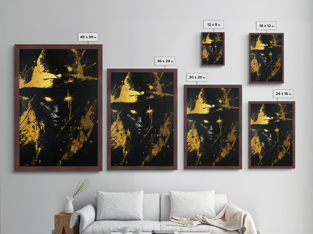 Glowing Eyes Witch Metallic Gold Art, Spooky Haunted Metal Art with Real Wood Frame, Gothic Halloween Season Wall Hanging