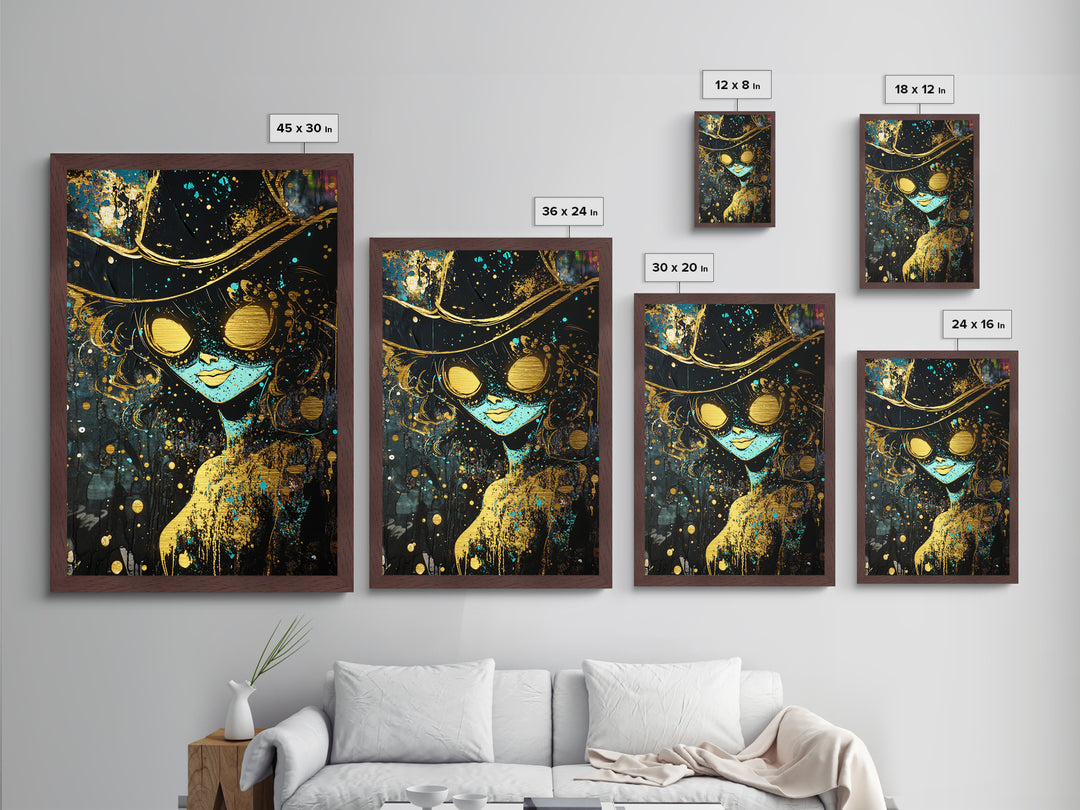 Haunted Sorceress with Fiery Eyes | Metallic Gold Art, Metal Art, Spooky Season Wall Decor in Real Wood Frame Witch Halloween Art