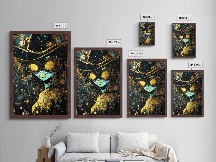Haunted Sorceress with Fiery Eyes | Metallic Gold Art, Metal Art, Spooky Season Wall Decor in Real Wood Frame Witch Halloween Art