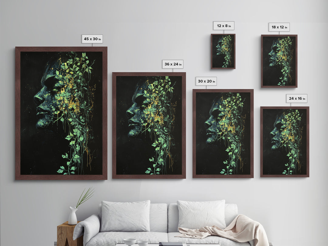 Creepy Botanical Face with Ivy Growth | Gothic Horror Metallic Gold Art, Metal Art, Halloween Nature Spirit Artwork in Wood Frame