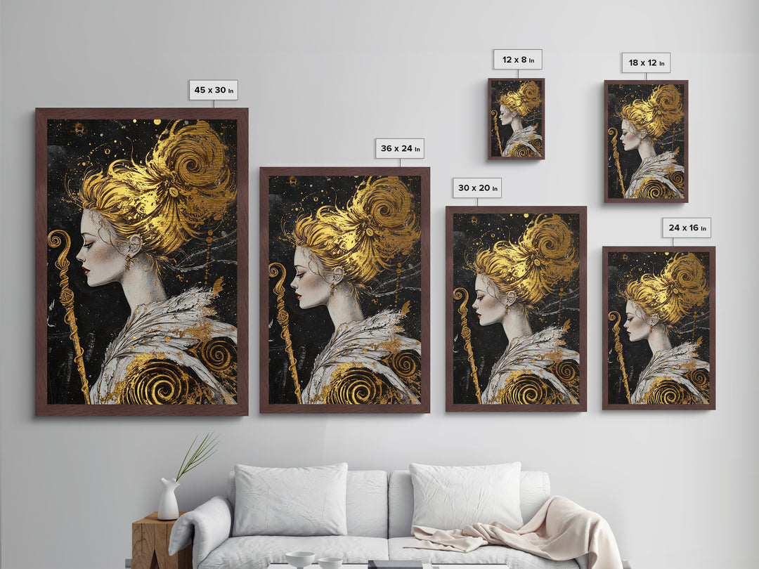 Golden Haired Enchantress with Staff | Witchy Halloween Metallic Gold Art, Metal Art, Mystical Fantasy Portrait in Natural Wood Frame