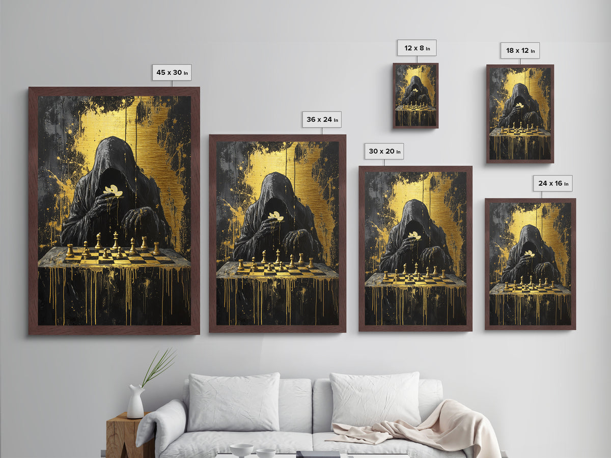 Grim Reaper Playing Chess | Spooky Season Halloween Metallic Gold Art, Metal Art, Gothic Horror Wall Decor in Wood Frame Design