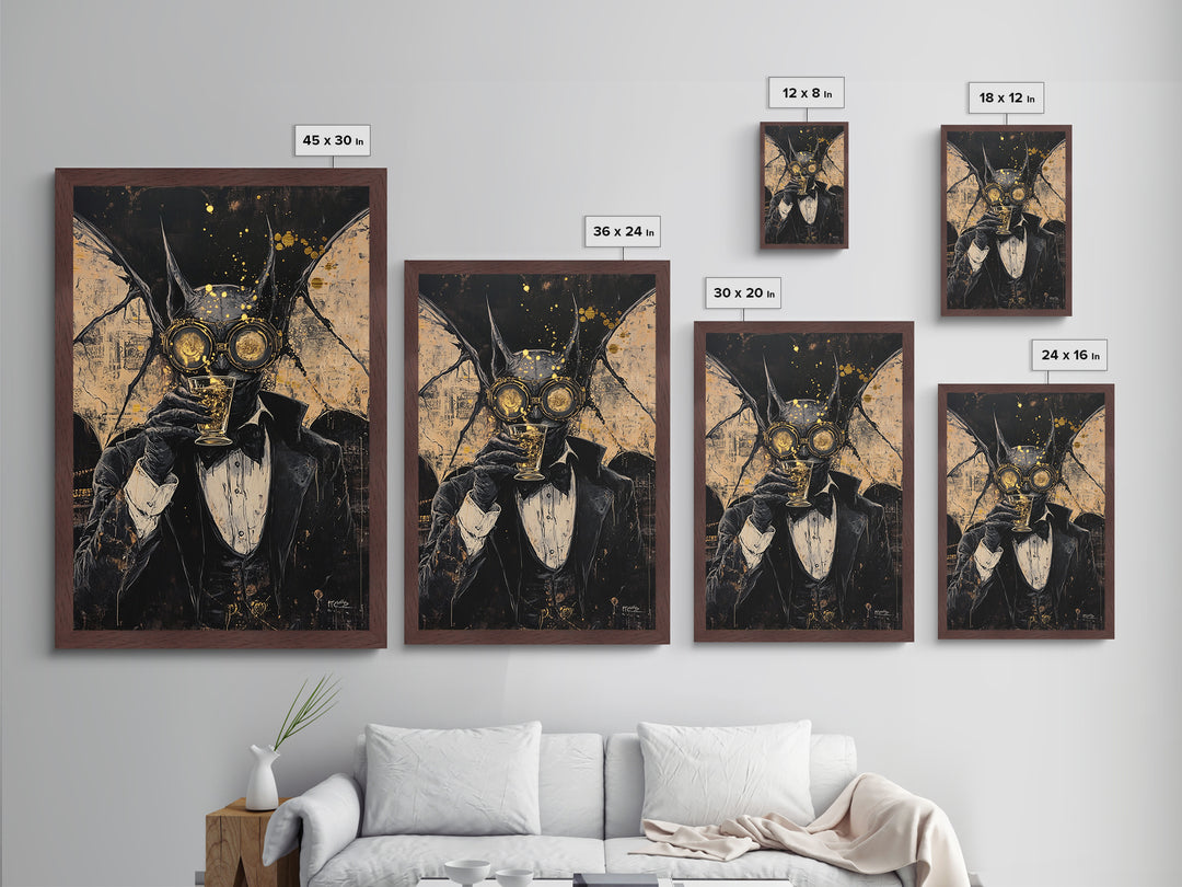 Steampunk Bat Gentleman with Drink | Gothic Halloween Metallic Gold Art, Metal Art, Spooky Vampiric Decor with Natural Wood Frame