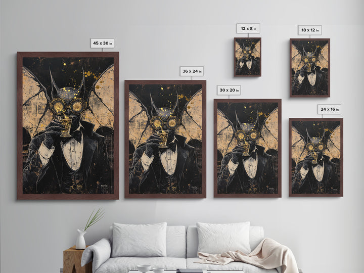 Steampunk Bat Gentleman with Drink | Gothic Halloween Metallic Gold Art, Metal Art, Spooky Vampiric Decor with Natural Wood Frame