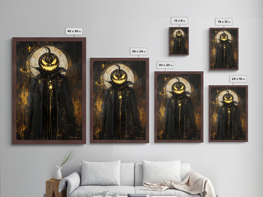 Pumpkin Head Halloween Wall Art, Metallic Gold Art Metal Art, Gothic Spooky Portrait Framed in Natural Real Wood