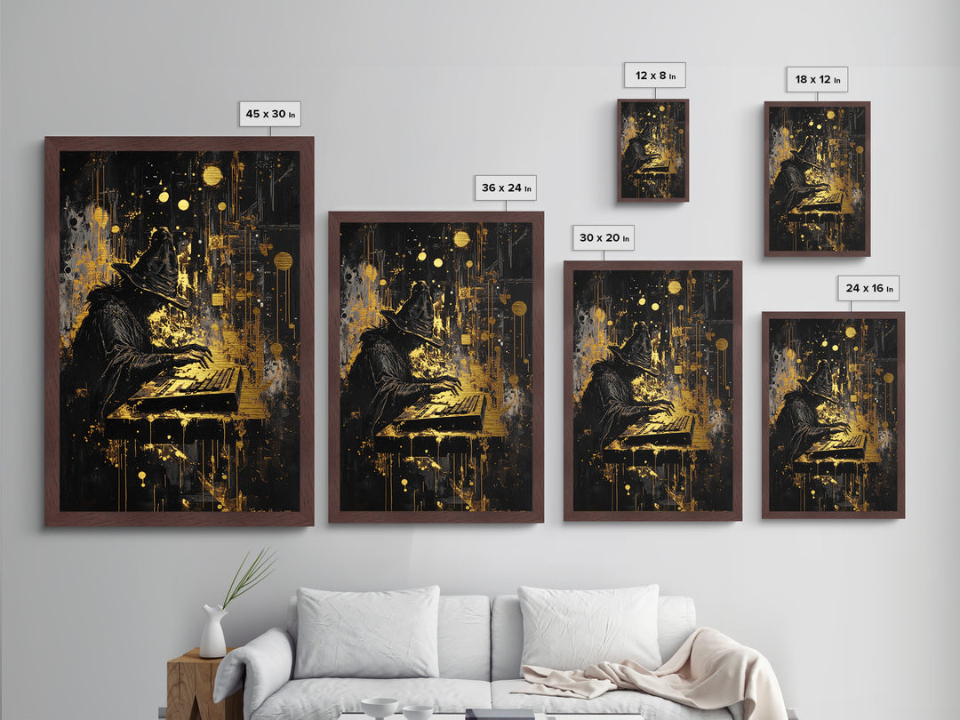 Witch Hacker Spooky Season Wall Decor, Metallic Gold Art Metal Art, Creepy Haunted Painting with Real Wood Frame