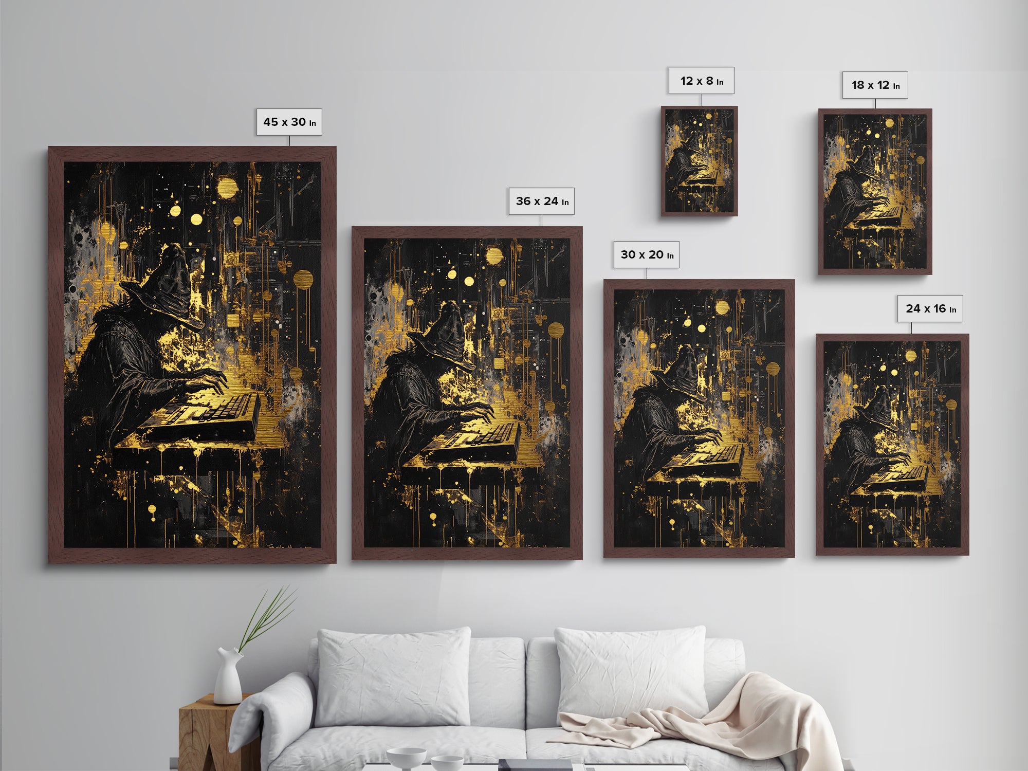 Witch Hacker Spooky Season Wall Decor, Metallic Gold Art Metal Art, Creepy Haunted Painting with Real Wood Frame