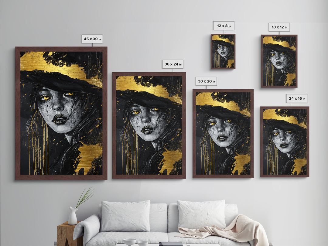 Witchy Woman Portrait, Metallic Gold Art Metal Art, Gothic Halloween Wall Decor in Real Wood Frame for Spooky Season