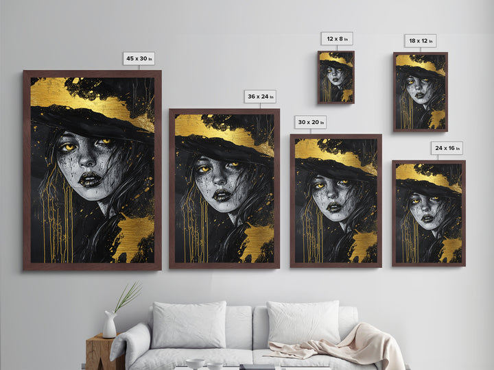 Witchy Woman Portrait, Metallic Gold Art Metal Art, Gothic Halloween Wall Decor in Real Wood Frame for Spooky Season