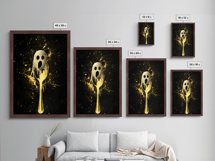 Haunted Ghostly Spoon Design, Creepy Metallic Gold Art Kitchen Horror, Spooky Season Metal Art framed with real wood