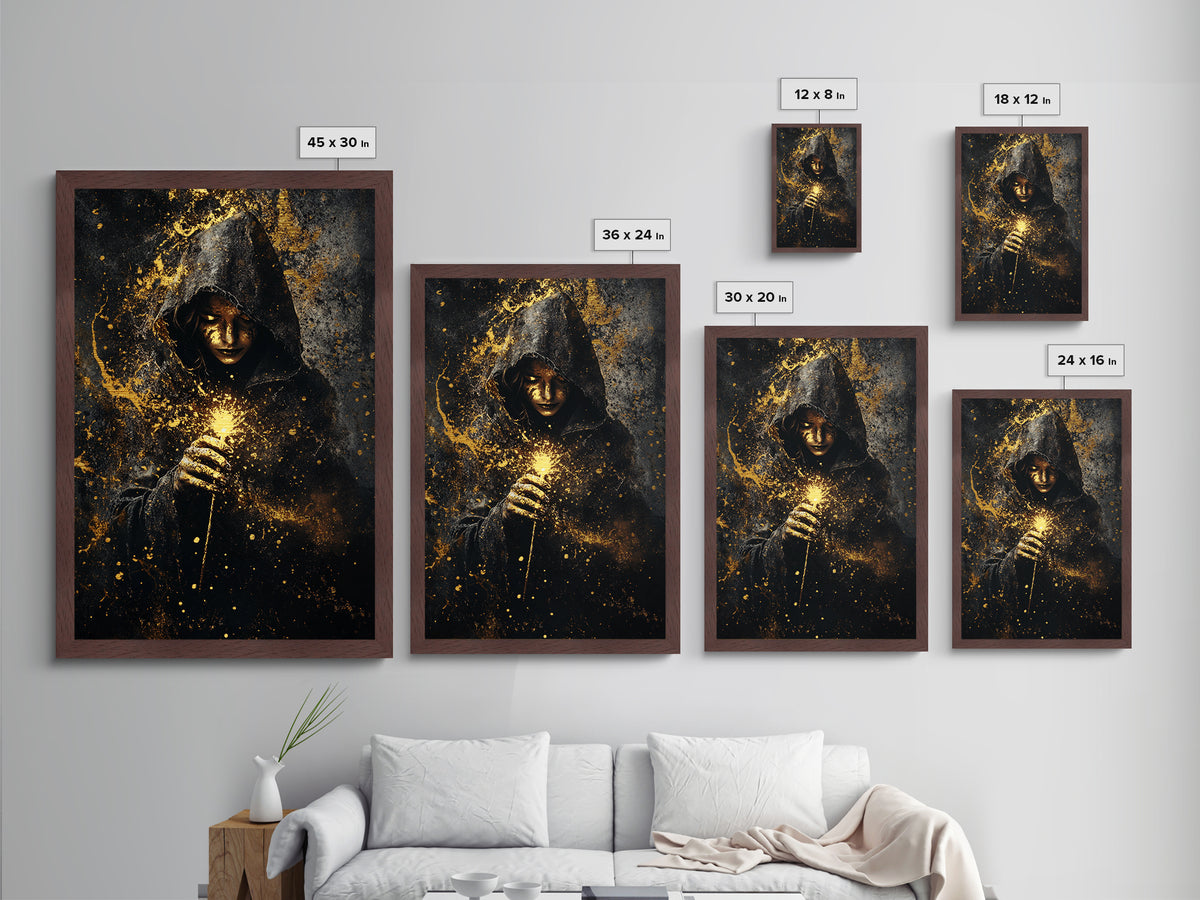 Mystical Hooded Sorceress, Metallic Gold Art Metal Art, Spooky Season Gothic Halloween Wall Art with Wood Frame