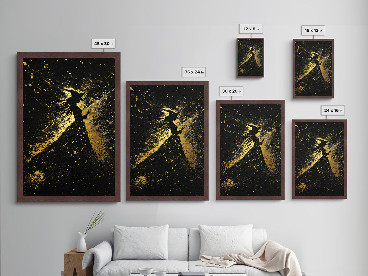 Witch Silhouette Halloween Wall Art, Metallic Gold Art Metal Art, Spooky Haunted Night Decor in Handcrafted Real Wood Frame