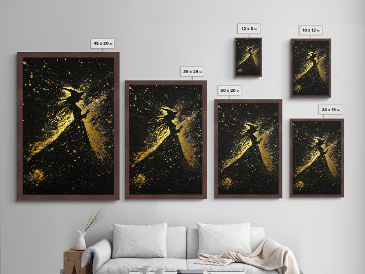 Witch Silhouette Halloween Wall Art, Metallic Gold Art Metal Art, Spooky Haunted Night Decor in Handcrafted Real Wood Frame