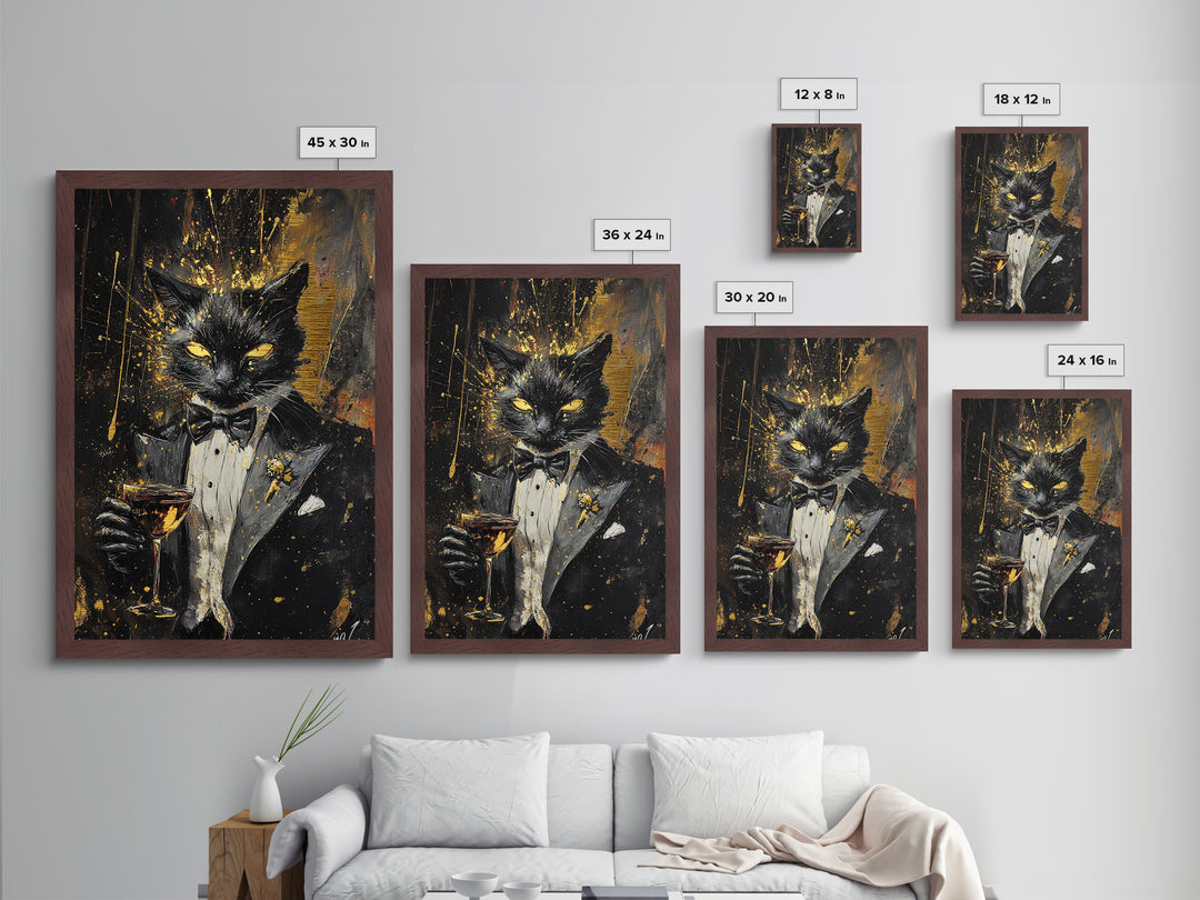 Black Cat in Tuxedo Wall Decor, Metallic Gold Art Metal Art, Spooky Halloween Gothic Artwork Framed in Real Wood