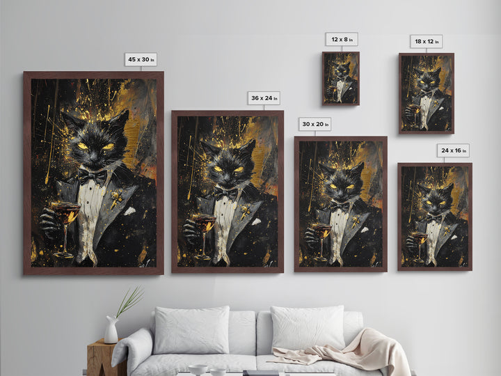 Black Cat in Tuxedo Wall Decor, Metallic Gold Art Metal Art, Spooky Halloween Gothic Artwork Framed in Real Wood