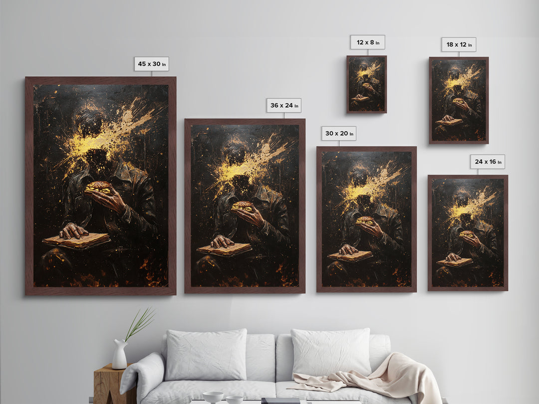 Haunted Horror Burger Painting, Metallic Gold Art Metal Art, Creepy Halloween Gothic Wall Decor with Real Wood Frame