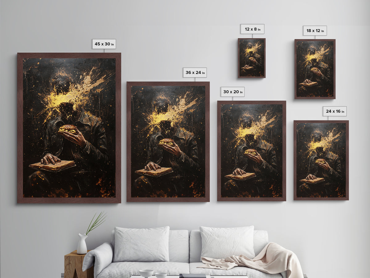 Haunted Horror Burger Painting, Metallic Gold Art Metal Art, Creepy Halloween Gothic Wall Decor with Real Wood Frame