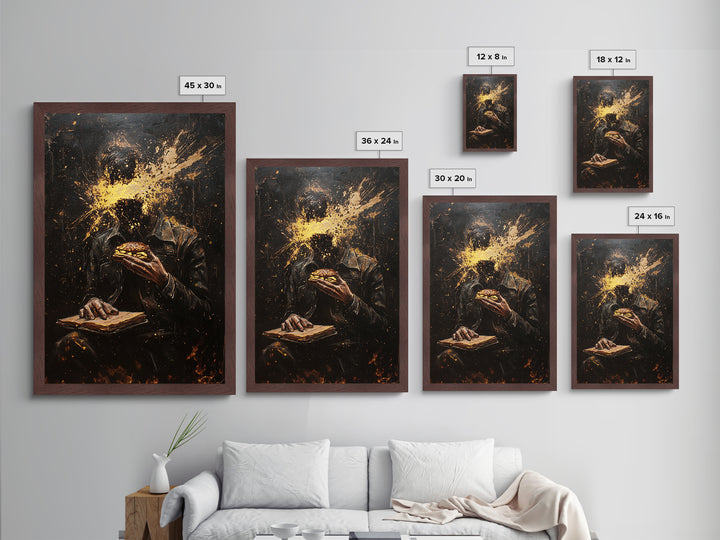 Haunted Horror Burger Painting, Metallic Gold Art Metal Art, Creepy Halloween Gothic Wall Decor with Real Wood Frame