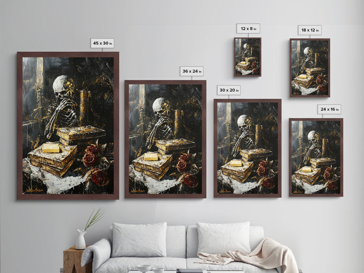 Skeleton Reading Gothic Books, Metallic Gold Art Metal Art, Haunted Spooky Season Halloween Artwork in Solid Wood Frame