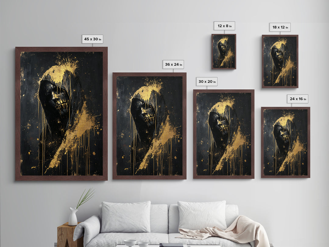 Creepy Hooded Horror Portrait Metallic Gold Art Halloween Metal Art Framed in Natural Wood | Gothic Scary Wall Hanging