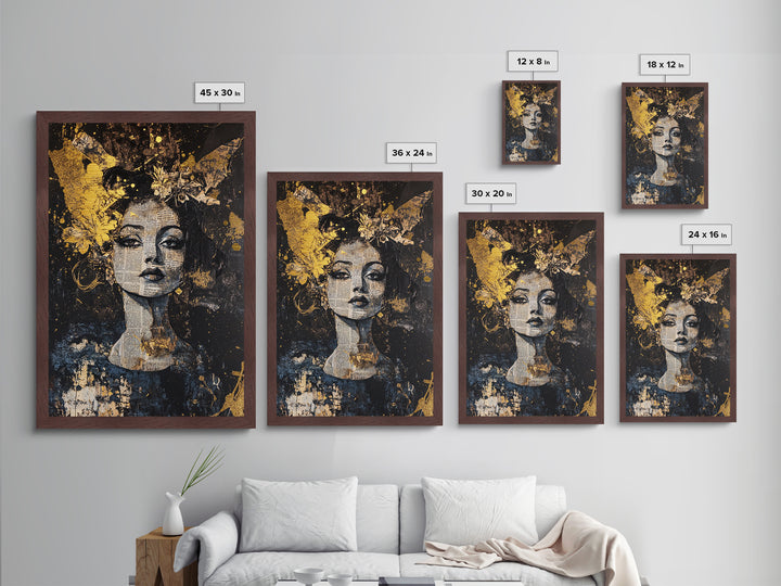 Witchy Woman Collage Metallic Gold Art Gothic Metal Art with Newspaper Texture | Spooky Portrait Wall Art in Real Wood Frame