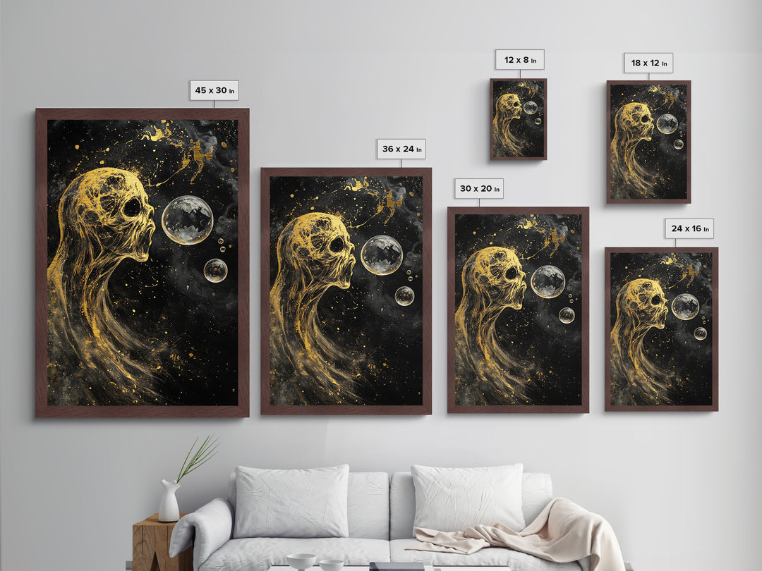 Ethereal Spirit Blowing Bubbles Metallic Gold Art Creepy Halloween Metal Art | Haunted Gothic Wall Art in Wood Frame