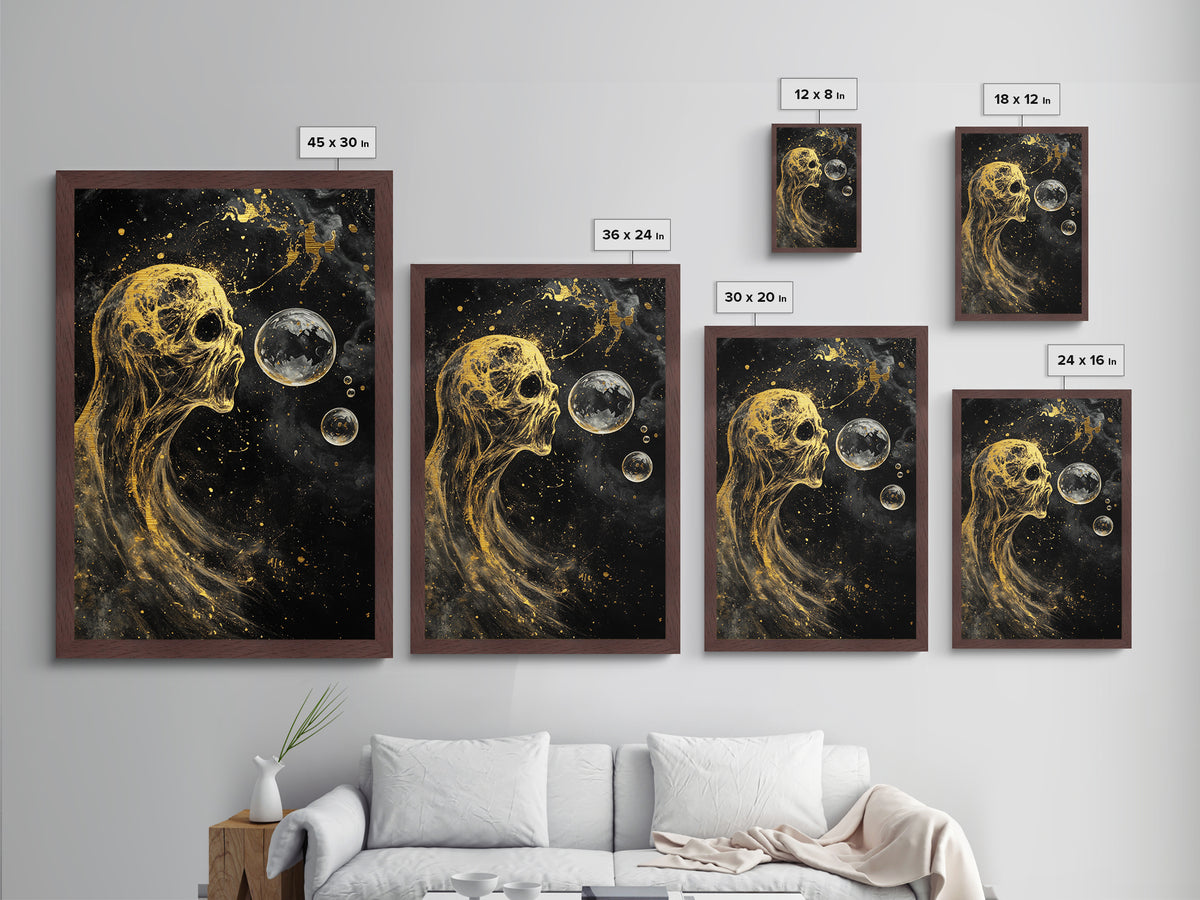 Ethereal Spirit Blowing Bubbles Metallic Gold Art Creepy Halloween Metal Art | Haunted Gothic Wall Art in Wood Frame