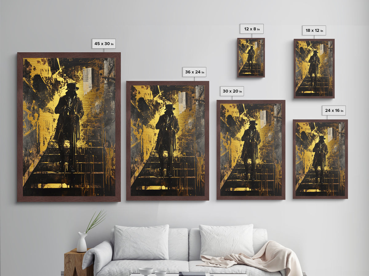 Victorian Gentleman on Stairs Metallic Gold Art Gothic Horror Metal Art | Spooky Halloween Wall Decor with Real Wood Frame