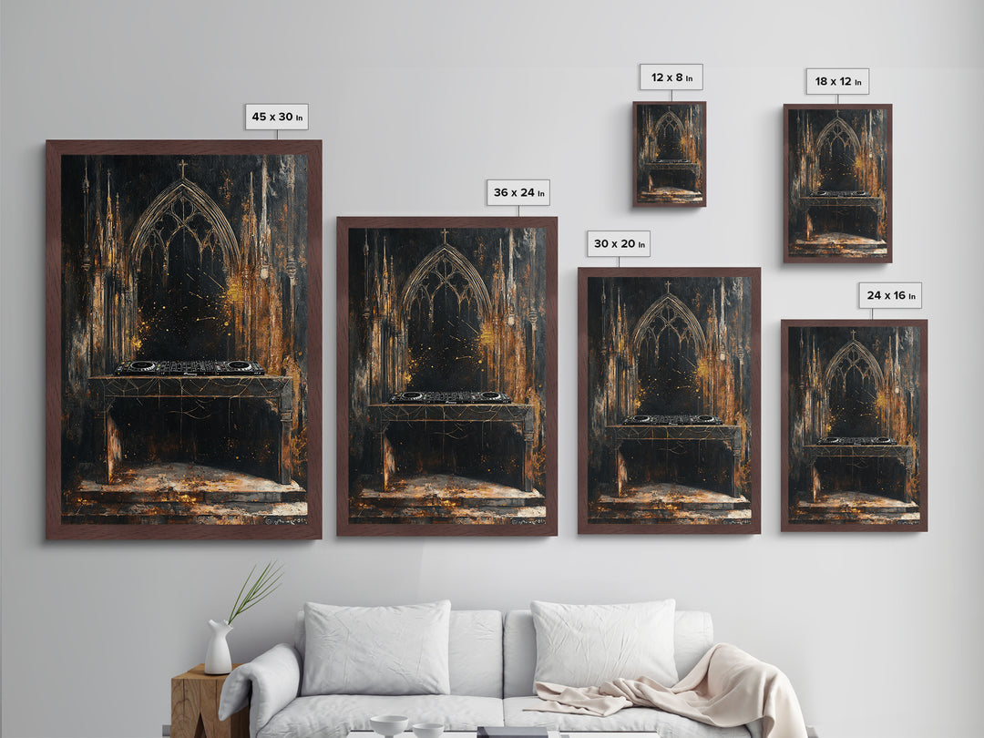 Haunted Cathedral DJ Booth Metallic Gold Art Gothic Metal Art | Creepy Church Halloween Wall Decor in Natural Wood Frame
