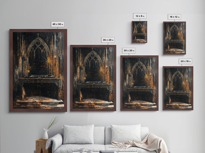 Haunted Cathedral DJ Booth Metallic Gold Art Gothic Metal Art | Creepy Church Halloween Wall Decor in Natural Wood Frame