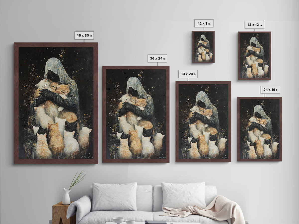 Grim Reaper with Cats Metallic Gold Art Whimsical Metal Art | Spooky Season Gothic Wall Art in Real Wood Frame