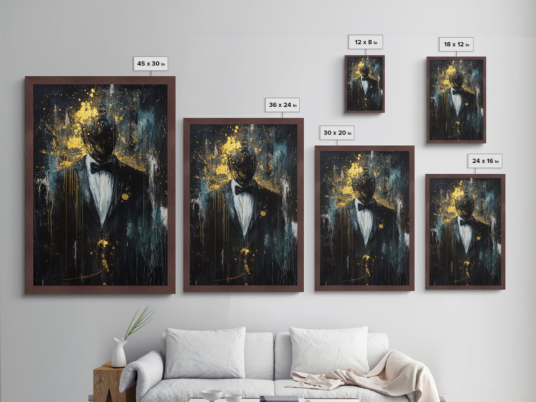 Spooky Gentleman in Tuxedo Metallic Gold Art, Gothic Haunted Portrait Metal Art with Real Wood Frame for Halloween Wall Decor