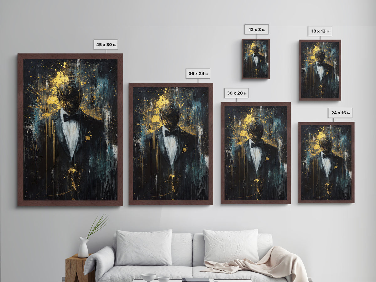Spooky Gentleman in Tuxedo Metallic Gold Art, Gothic Haunted Portrait Metal Art with Real Wood Frame for Halloween Wall Decor