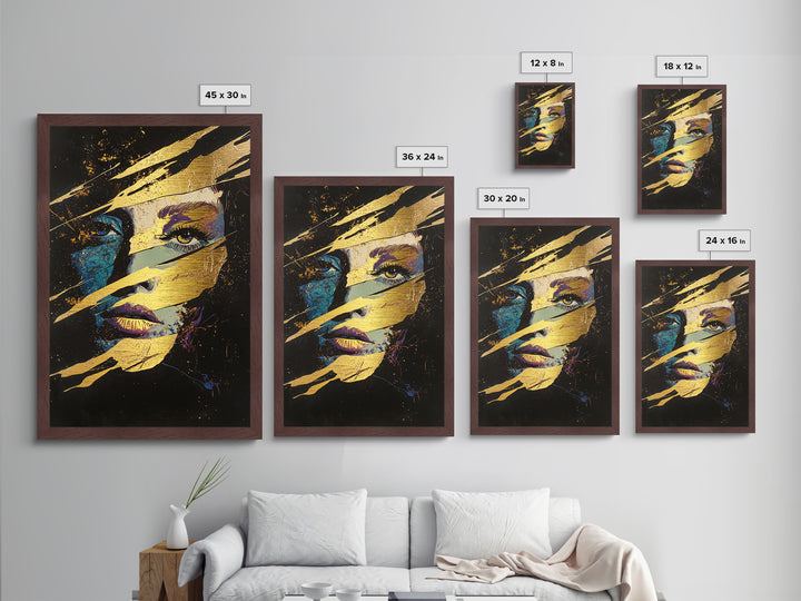 Witchy Woman Masked Portrait Metallic Gold Art, Spooky Season Horror Face Metal Art Framed in Natural Wood for Gothic Home